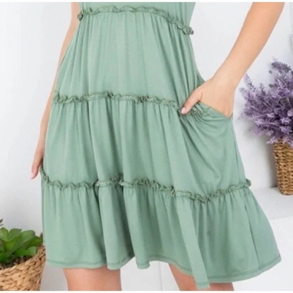 1 LEFT! Military Green Ruffle Tiered Flowy Women’s Cute Pocket Dress - Picture 5 of 5